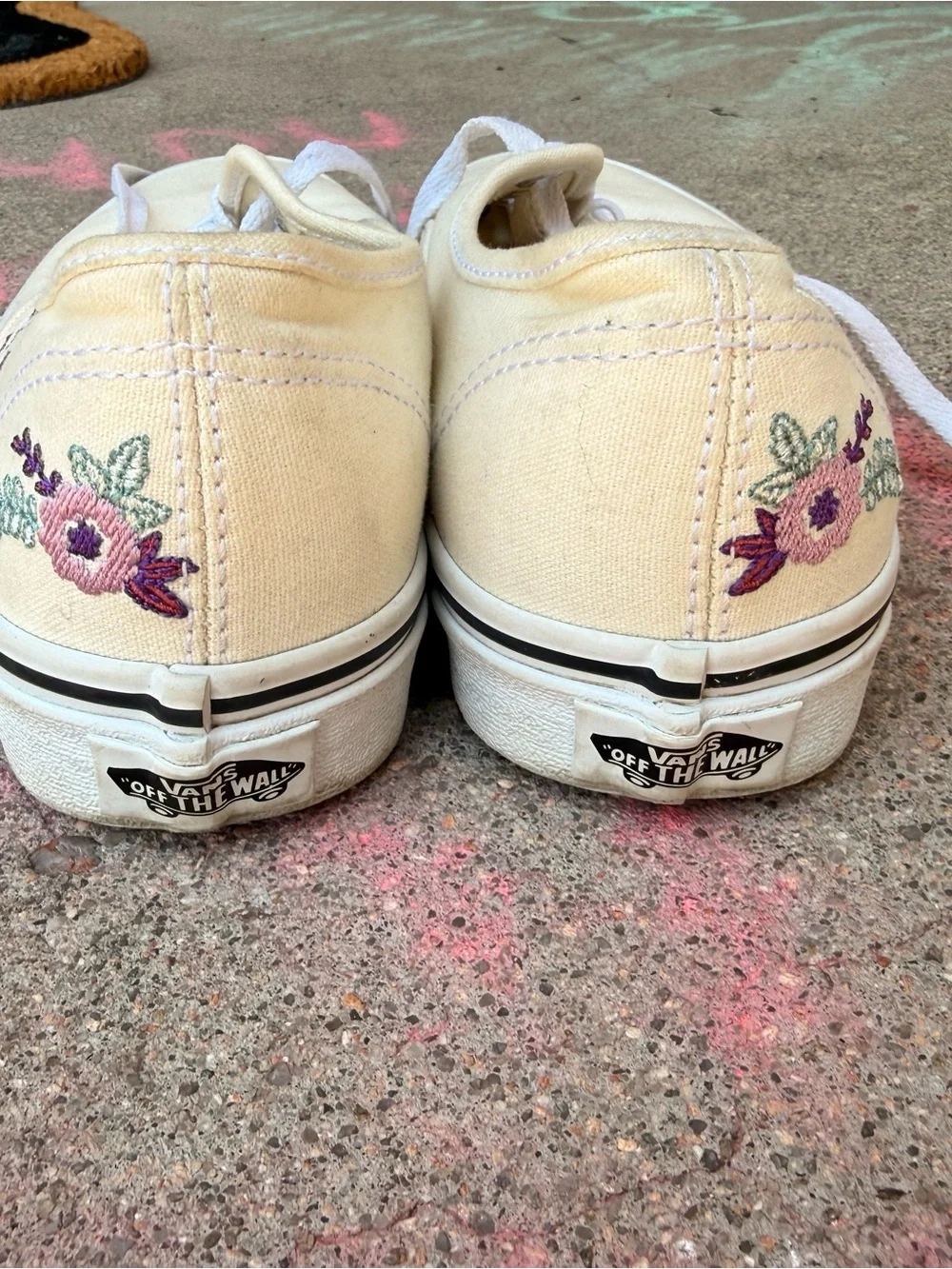 Vans Women's Cream Canvas Sneakers with Purple & Green Floral Embroidery